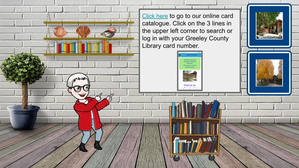 Librarian pointing to display of device screen showing online card catalog with clickable link to card catalog.