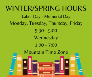 Shelf of books with spring green background behind open hours